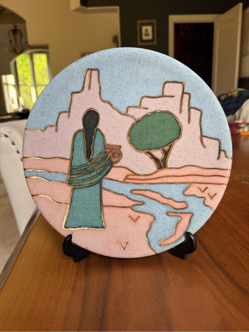 Native American Desert Scene Ceramic Plate Accented with Gold Vein